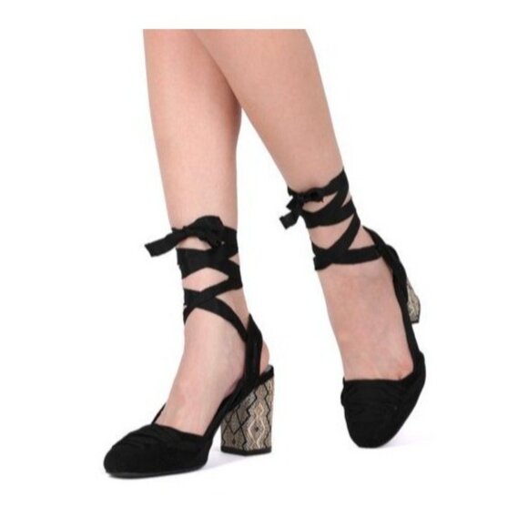 Wild Diva Womens Black Lace-Up Ankle Wrap 3" Tribal Block Heels Size 8.5 - Picture 1 of 10